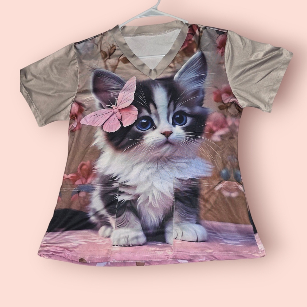 Cute Cat Print Scrub Top